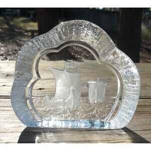 1970's Nybro Sweden Glass Paperweight Viking Ships Ice 4" with Label